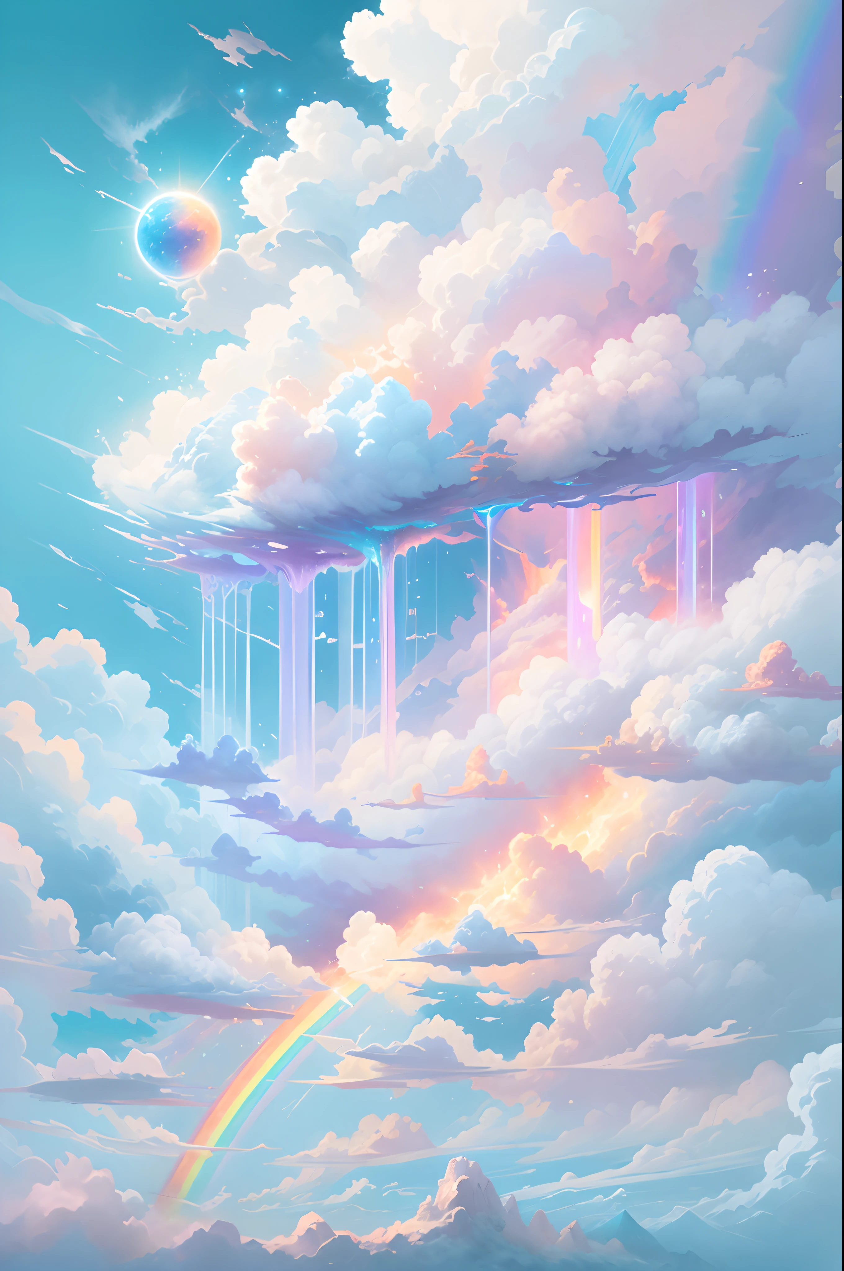 (Need)), ((tmasterpiece)), (A detailed),rainbowing,Blue sky and white cloud background，Detail rainbow,Blue sky rainbow，ethereal rainbows，Simple composition，anatomy correct，Surreal dreams，Surrealist art fantasy style，Epic digital fantasy art style