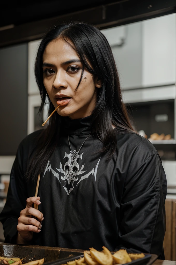 Vocalis black metal sedang makan ayam pedas dengan sangat brutal dan kejam