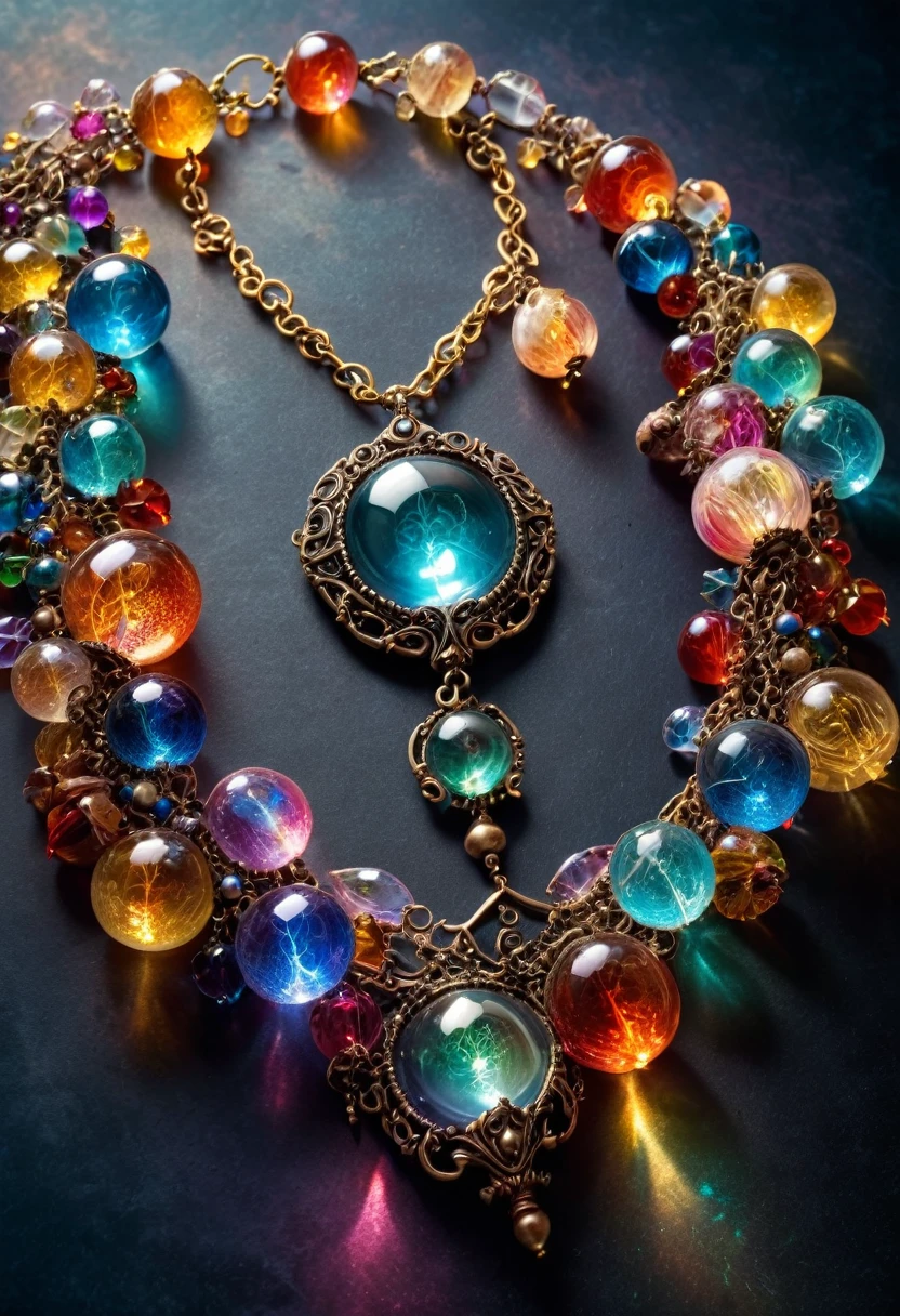 macro photo, Shiny Magic Fantasy Magic Necklace, Made of transparent multicolored glass beads, Light shines in, Magic artifacts, Very detailed, Great quality, complicated, Cinematic Light, Very detailedな, beautiful, Surreal, dramatic, Warm colors