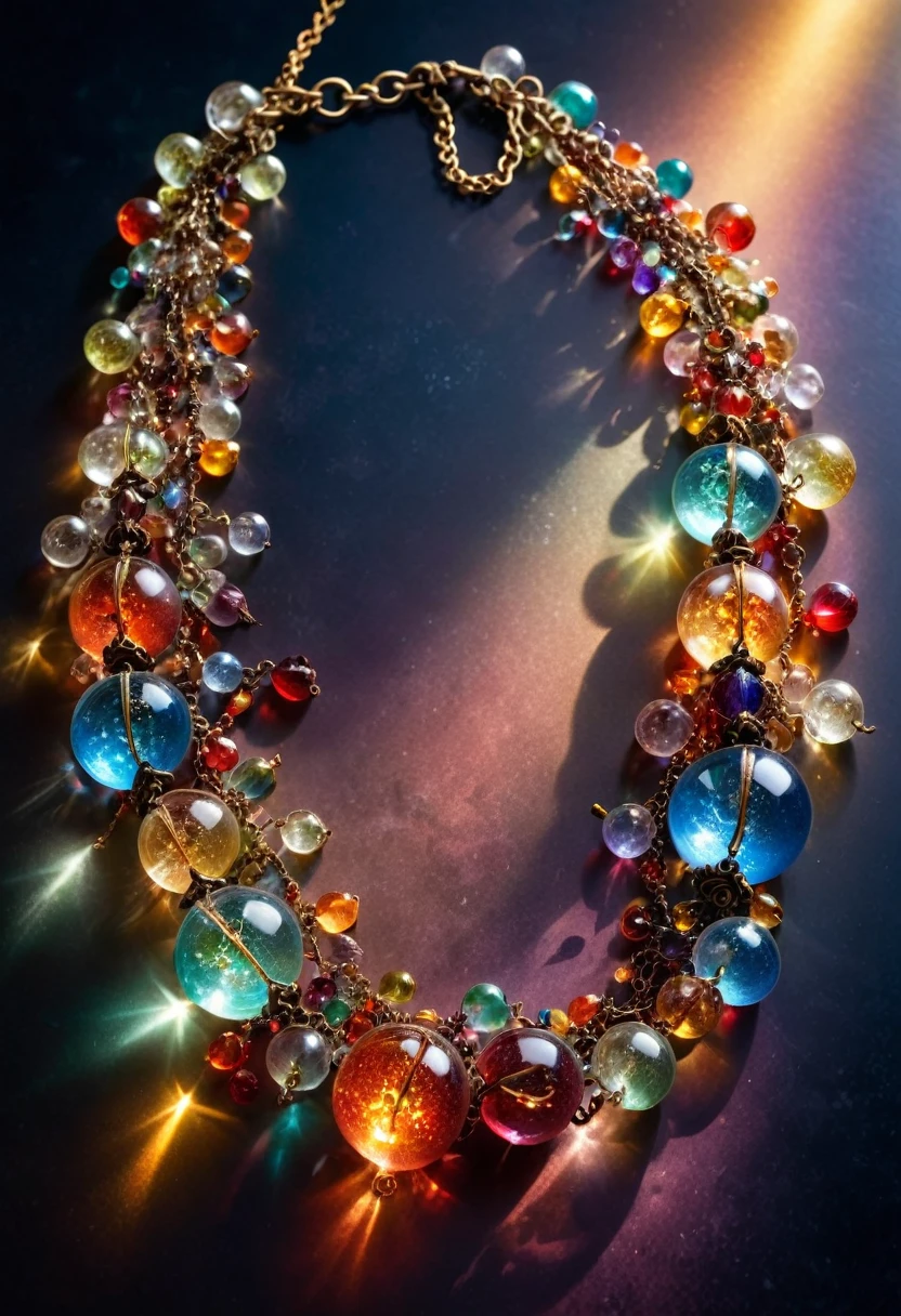 macro photo, Shiny Magic Fantasy Magic Necklace, Made of transparent multicolored glass beads, Light shines in, Magic artifacts, Very detailed, Great quality, complicated, Cinematic Light, Very detailedな, beautiful, Surreal, dramatic, Warm colors