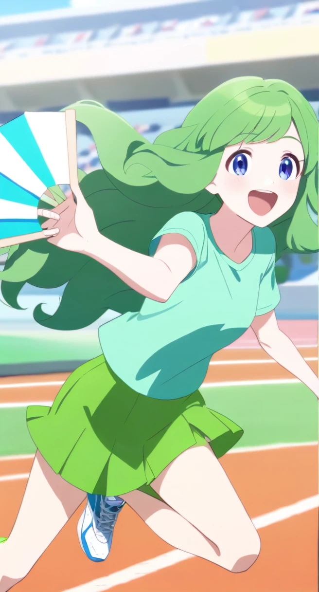 young woman , happy, long green wavy hair, Blue eyes, light green shirt, short dark green skirt, White running shoes, with a fan