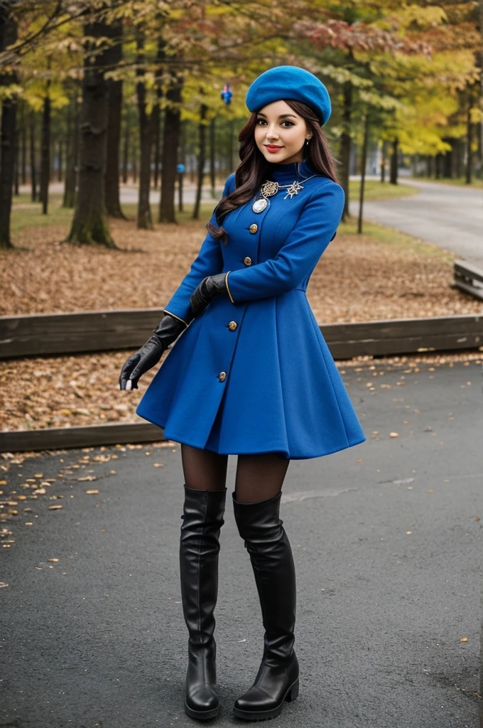 Blue Colored Long Sleeved Mini Dress With A Fire Brooch(s) And a Cute Matching Beret and Boots that Match. also Come With Long Gloves