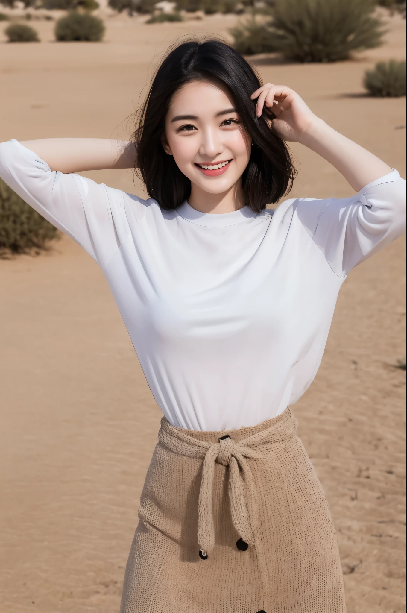 22-year-old girl, with gray eyes, pale white skin, slim figure, smiling, black hair, fashionable, photo taken with an ultra-realistic professional camera, she is in a desert place and she is very happy