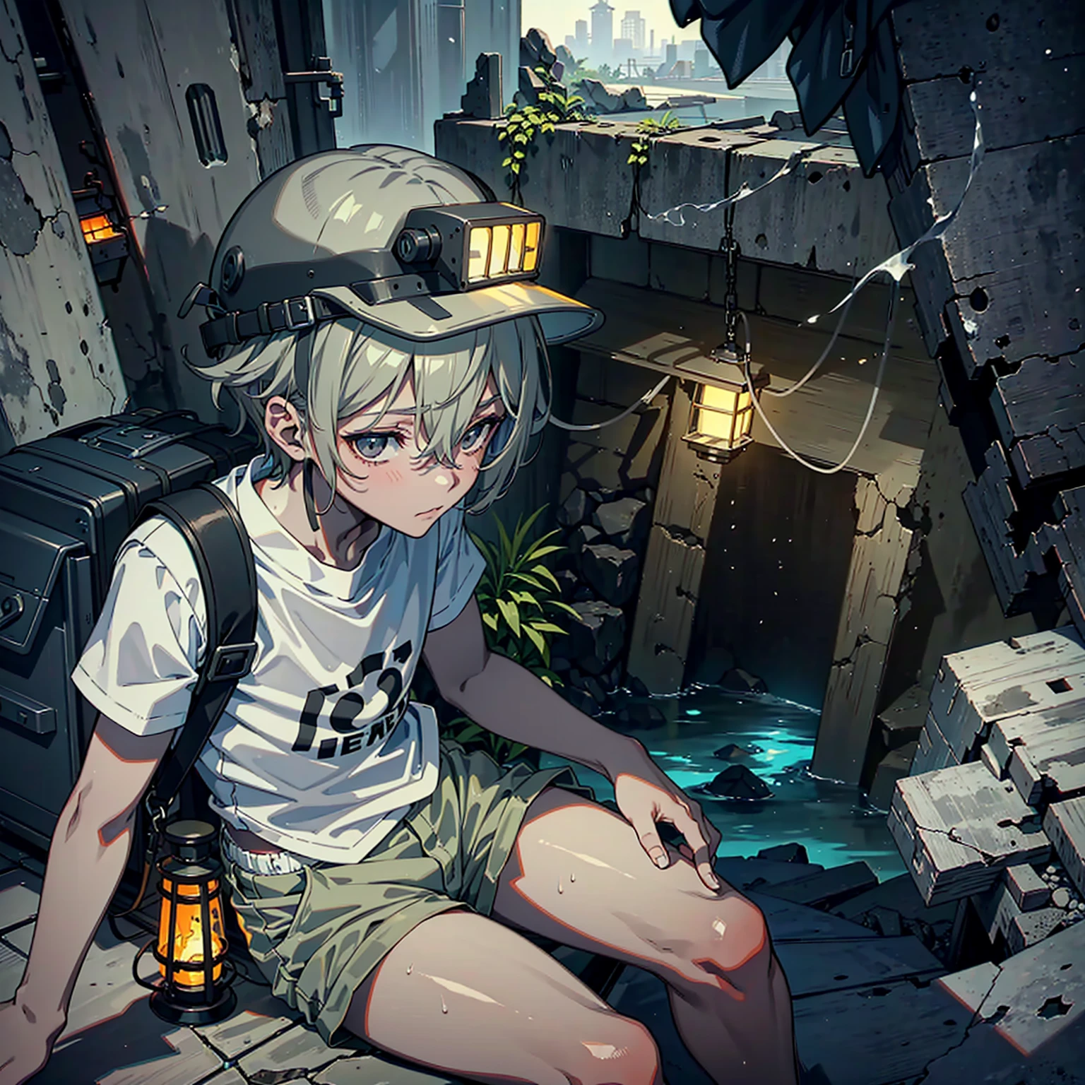 (1boy, solo), otoko no ko, femboy, 
gray colored short hair, ((blackish-gray colored skin), unfocused gray eyes), large thigh, 
short sleeves collar shirts, tight shorts, backpack, gray safety helmet, lantern, 
looking at viewer, wet cloths, dirty cloth, a sweaty body
The old abandoned mine, where the walls of the building collapsed, sitting on a rock and resting before going down to the abandoned mine,
Flashes of lanterns and small minerals inside the abandoned mine, a deep entrance to a mine