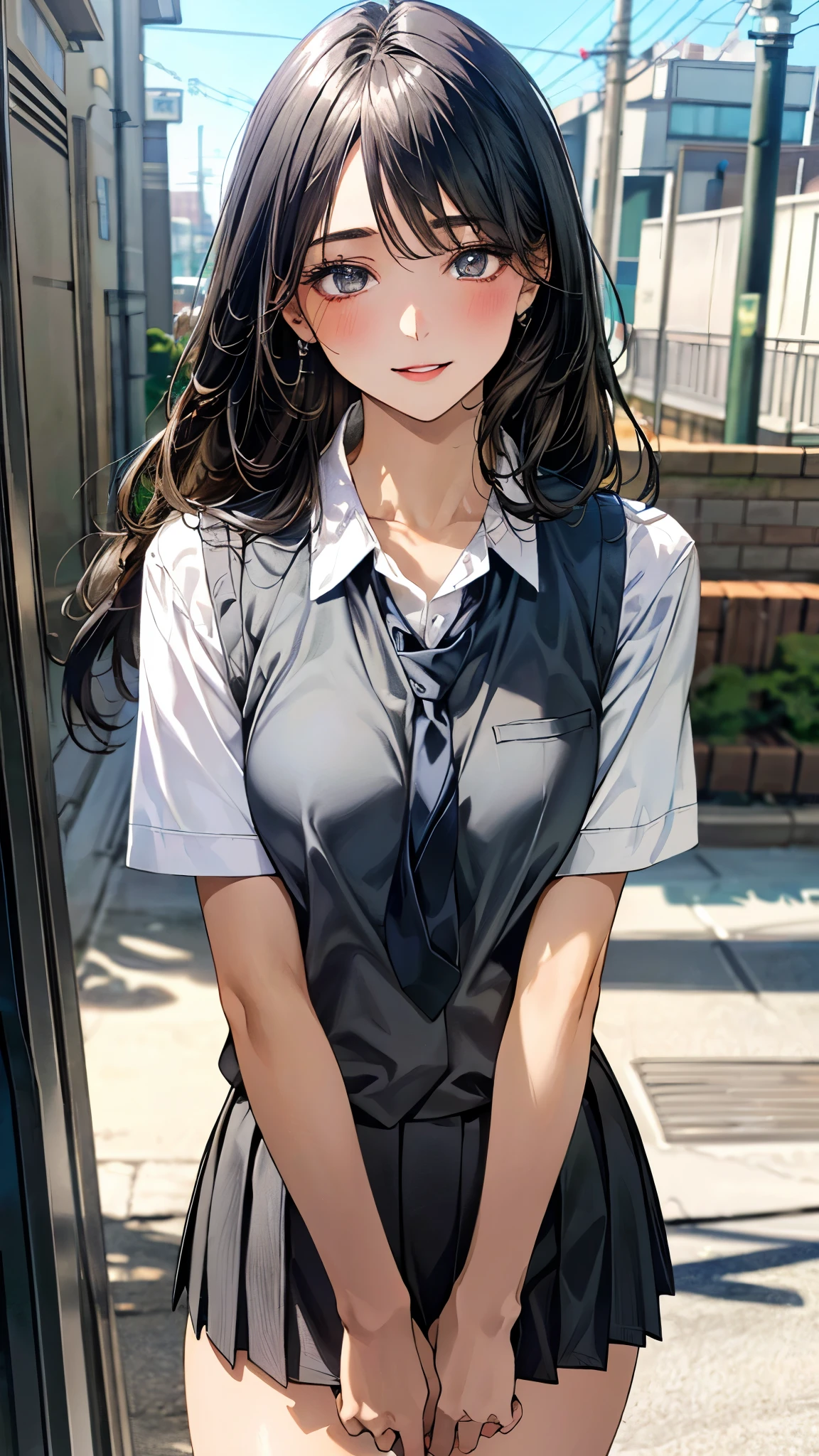 (masterpiece:1.3, top-quality, ultra high res, ultra detailed), (realistic, photorealistic:1.4), beautiful illustration, perfect lighting, natural lighting, colorful, depth of fields, ,
beautiful detailed hair, beautiful detailed face, beautiful detailed eyes, beautiful clavicle, beautiful body, beautiful chest, beautiful thigh, beautiful legs, beautiful fingers, shiny skin,
looking at viewer, 1 girl, high school girl, (perfect anatomy, anatomically correct, super detailed skin), cute and symmetrical face, babyface, perfect face, perfect eyes, ,
(long hair:1.4, straight hair:1.2, black hair), swept bangs, grey eyes, big eyes, drooping eyes, long eye lasher, (medium breasts, seductive thighs), slender, skin dendation,
detailed cloth texture, break, (short sleeve white collared shirt), break, tie, break, (light grey vest:1.2), break, (grey pleated skirt), break,
(beautiful scenery), summer, evening, (cityscape:1.2), standing, hands on chest, (lovely smile, upper eyes, parted lips),