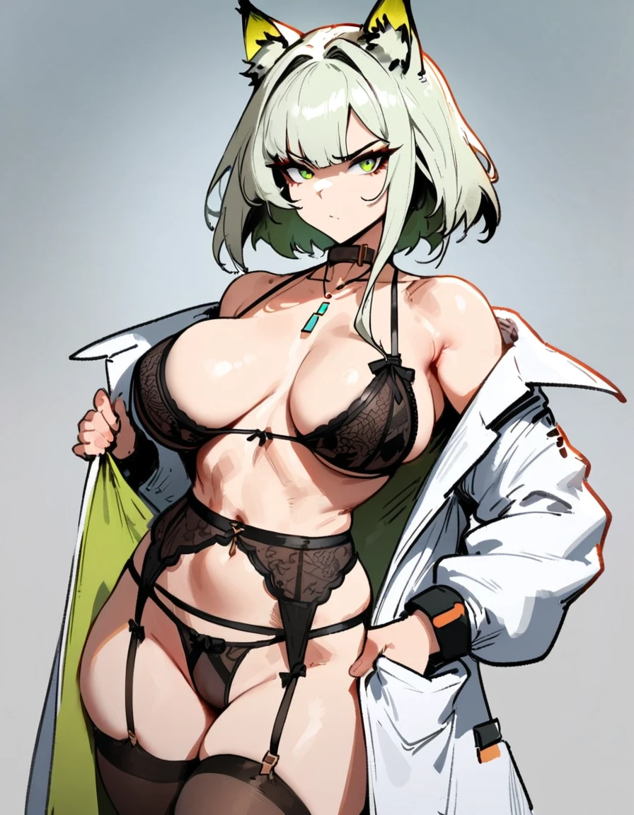 1girl, kal'tsit \(arknights\), arknights \\\\\ masterpiece, best quality, very aesthetic, absurdres, newest \\\\\\ slim body,///// ,by nyantcha,cutesexyrobutts , by khyle,,////// ,,,, , ,,detailed face, , ,, , , , , beautiful face, (white background:1.2), , sexy, , serious.angry, green eyes, animal ears, , , rating:nsfw,,big tits,),  in the center of the frame,,, ,lingerie garter belt,, black openwork bra, wears a lab coat, hands in pockets stockings,  solo