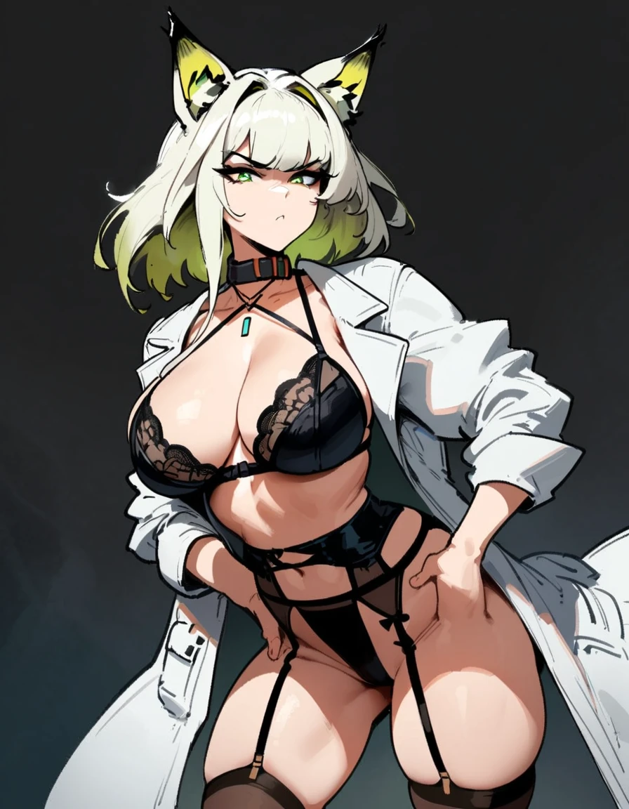 1girl, kal'tsit \(arknights\), arknights \\\\\ masterpiece, best quality, very aesthetic, absurdres, newest \\\\\\ slim body,///// ,by nyantcha,cutesexyrobutts , by khyle,,////// ,,,, , ,,detailed face, , ,, , , , , beautiful face, (white background:1.2), , sexy, , serious.angry, green eyes, animal ears, , , rating:nsfw,,big tits,), in the center of the frame,,, ,lingerie garter belt,, black openwork bra, wears a lab coat, hands in pockets stockings, solo