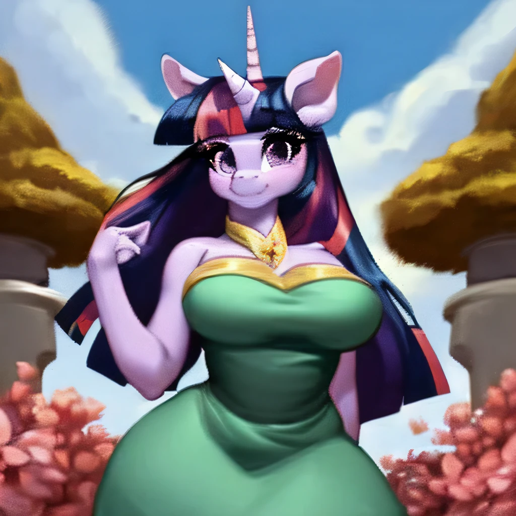 (score_9), (source_pony), (solo), (alicorn), ((anthro rarity fusion twilight sparkle:1.2)), (sexy dress), facing you, sexy, smiling, sensual, long Messy hair, anatomically correct, night garden, standing near fountain, big breast, half body, anime art style