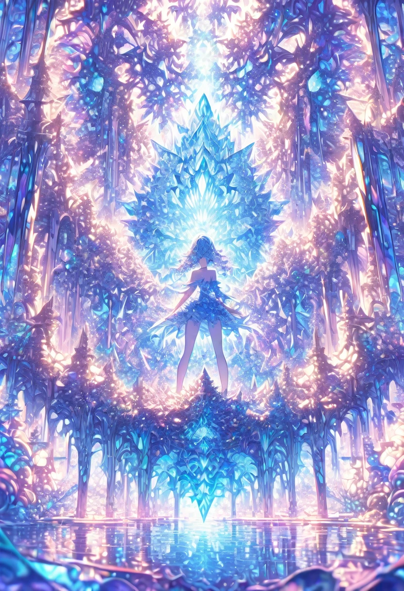 ((masterpiece)), (anime:1.3), ((Highest quality)), (Abstract art:1.5), (High resolution), (pale colour), Wide Shot, (Fractal structure:1.5), , landscape, (beautiful), (Biological atmosphere), deep sea, (pretty girl), beautiful白い髪, transparent Glass ice mirror Blue rose crystal
