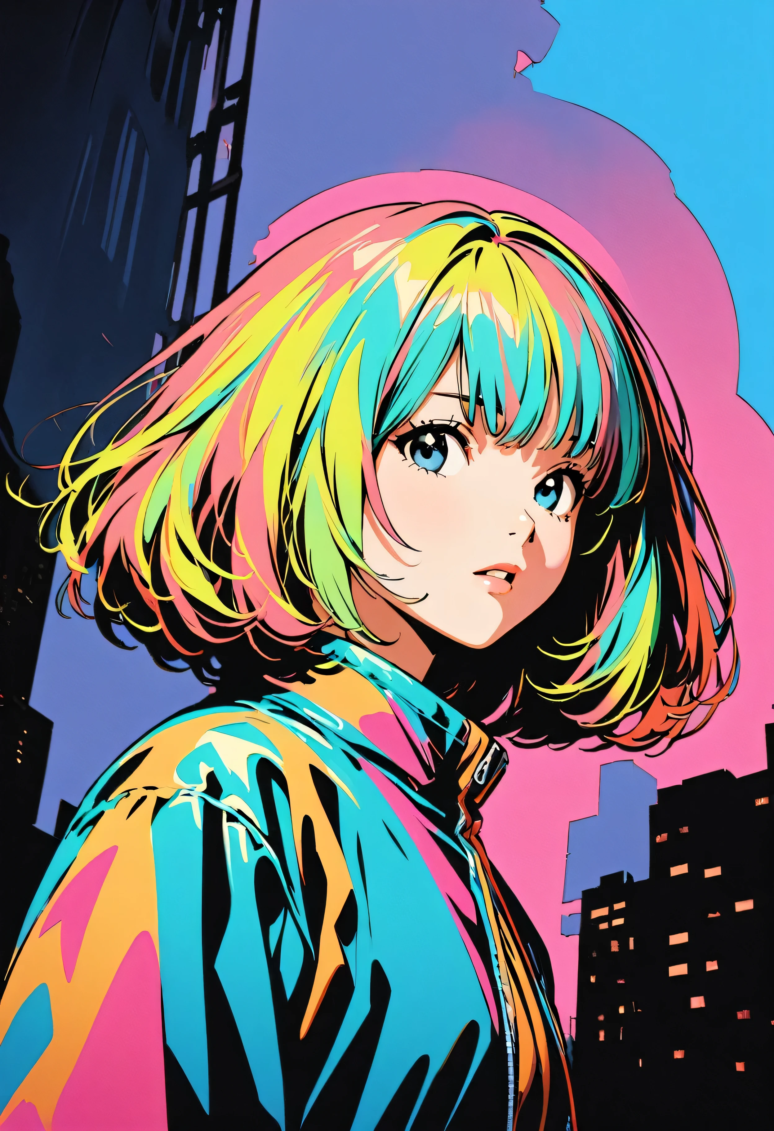 (Highest quality:1.2, City Pop Style, Very detailed, up to date, Vibrant, High Contrast, masterpiece:1.2, Highest quality, Best aesthetics), girl, ((Face Up Shot:1.4)), Colorful Hair, Bobcut, pastel colour, 1980s style, ((Retro, Vintage, Plain background))