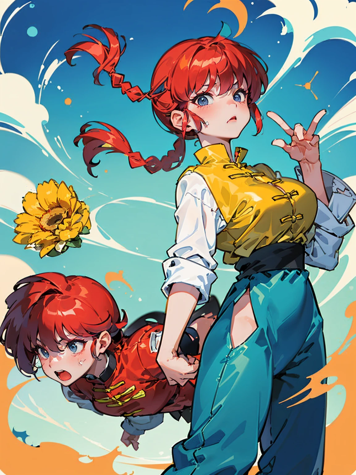 ((masterpiece:1.4)), expensive quality, very_expensive_solve, big_file size, Full Color, Thick outline, Clear contours, colorful, (Beautiful fine details, Are thin:1.4), ((Beautiful Face:1.0)), ((Boyish face:1.4)), 1 girl, (Ranma), (Redhead), short hair, (Braided Ponytail), ((bangs)), bumpy bangs, Blue-gray eyes, Big Breasts, Curvy, Ranma, Braided Ponytail, (Red Chinese Clothing), No sleeve, Tangzhuang, Black trousers, Are standing, ((, Are thin:1.4)), ((from the front:1.4)), Are thin:1.4