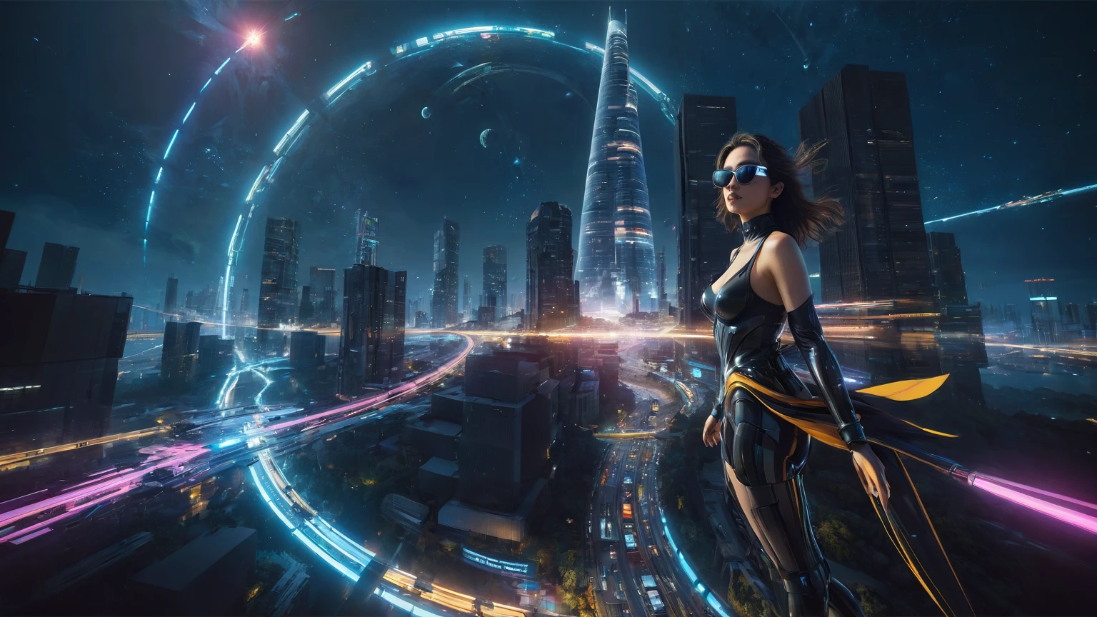 brightly colored abstract image of a space station with a spiral, epic beautiful space scifi, chaotic cinematic space rift, greg beeple, (((((flying cars, 1drone))))), planets colliding, beeple and tim hildebrandt, beeple and jean giraud, end of the universe, galaxy space sci-fi, ringworld, by Mike "Beeple" Winkelmann. Matrix style, (((((Matrix cascading code))))), (((((a futuristic twin tower skyscraper with a unique twisted design))))), (((((OLED GUI interfaces in the building))))), at night, (((((1girl, solo))))), photo realistic, (((large-breast:1.2 slim body, cleavage))), (((off broken mini sling-shirt and black sling bra, extreamly short pleated miniskirt exposing panty))), (((((running pose))))), (((((((matrix style black micro sunglasses))))))), ((((((((((aiming with a short gun)))))))))), (((((looking at camera))))), (((very low view))), (((((half-body thigh level medium shot))))), (((cinematic lighting))).
