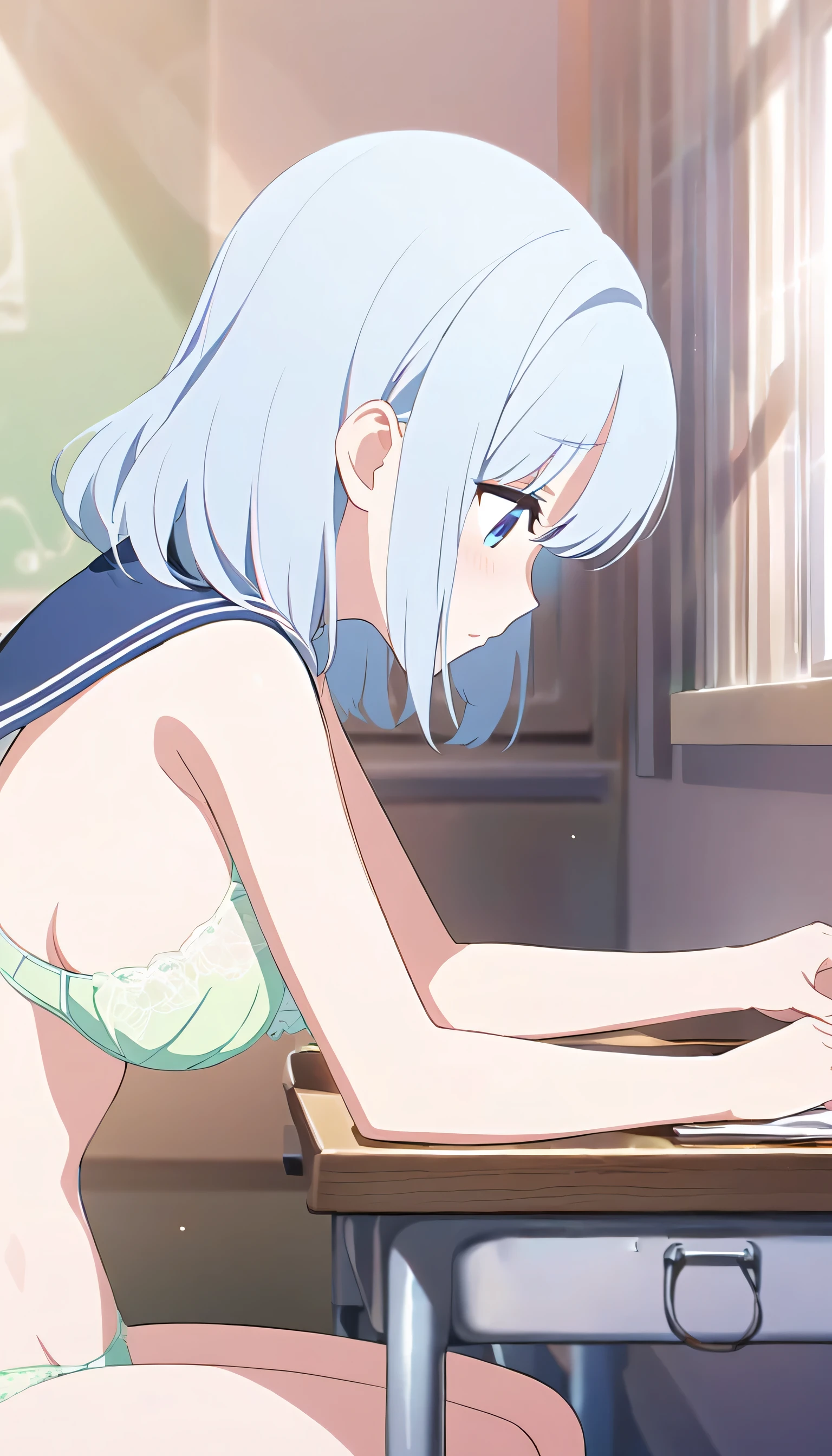 One Naked Girl、In the classroom、Sitting in a chair、Light blue hair、blue eyes、Feeling embarrassed、Standard bust size、profile、Looking down、Sailor suit、Wearing a green bra、Wearing green panties、Daytime view