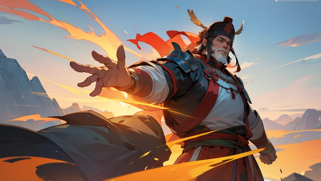 A huge middle-aged man wearing Chinese armor, revealing his upper body, commanded his ((ancient army of thousands of people)) to advance among the small mountains.