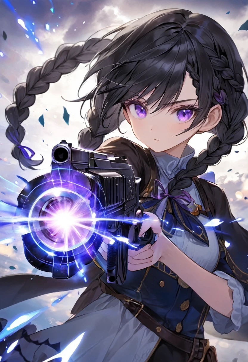 Girl, black hair, Braid, Purple eyes mixed with blue, fantasy, dark, gun