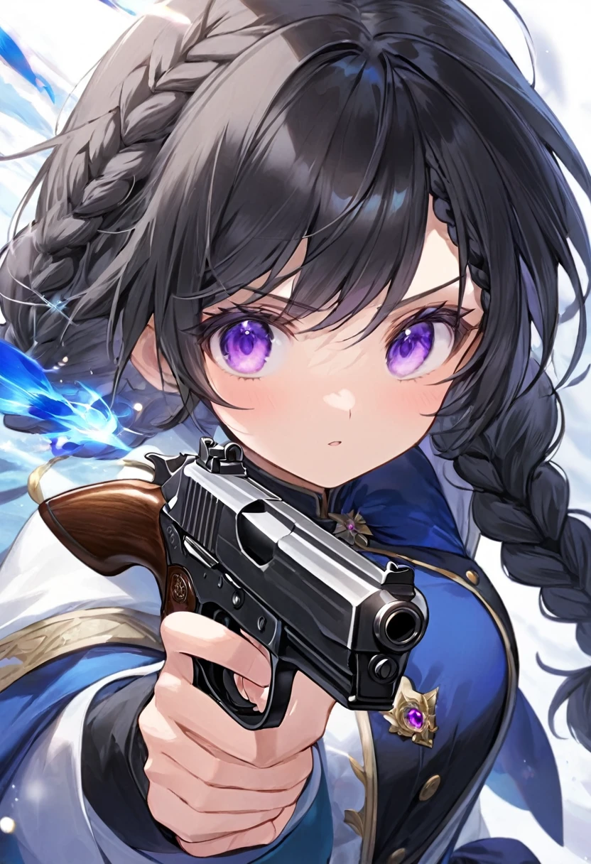 Girl, black hair, Braid, Purple eyes mixed with blue, fantasy, dark, gun