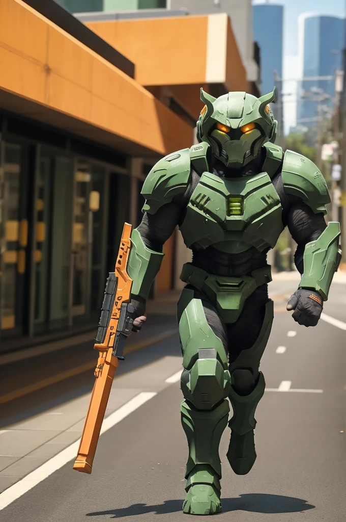 A 21 year old、Strong build、Wearing《Doom》Green Doom Marine armor、Show your head、Full breasts、Strong female orange cat holding a giant futuristic rifle，Walking on the street