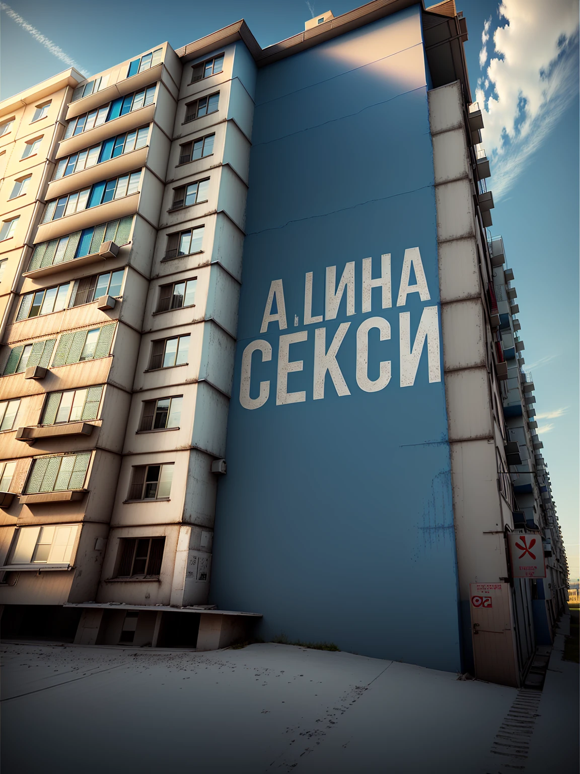 Writing on the wall, beautiful sky, residential blue house