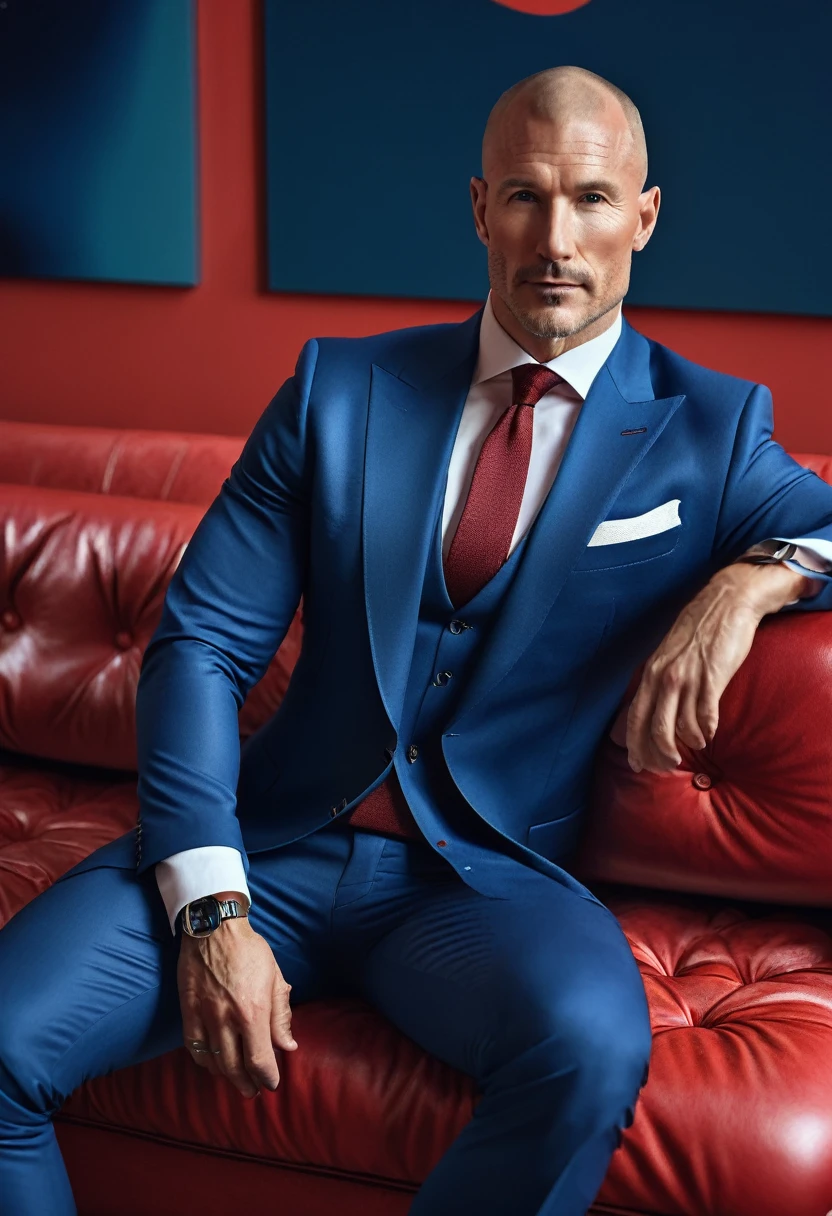 iphone pro 14, extremely beautiful model, 40 years old sexy muscular man, scandinave, shaved head, realistic, seins gaies, clivage, haut court, soutiens gorges, dressed with a smart blue suit sitting on a red couch in a modern room, hyper realistic, anatomical correct