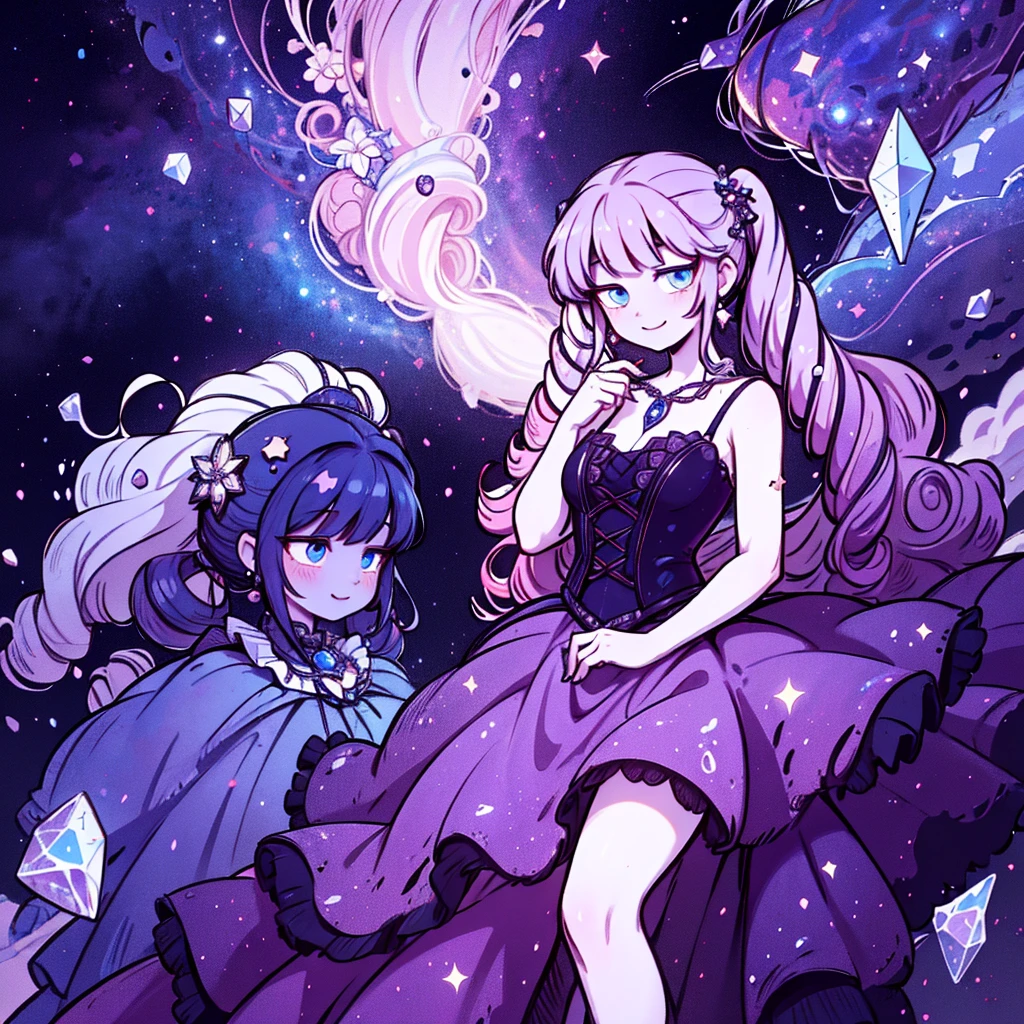 ((masterpiece)), ((best quality)), ((high detail)), ((realistic)), Dramatic composition, court-style dresses, royal, gorgeous, cascading frills, ruffles, bows, crystal chandeliers, Roman curly hairstyles, ponet, double ponytails like drills, look at the camera, bangs, maximalism, palatial background, delicate portrayal of hair and eyes, princess dresses, gorgeous skirts, flowers in hand, smiles, starry eyes, cinematic light, extreme detail, high definition, happy girl, very long hair, diamonds, broken diamonds, crystal fragments, light particles