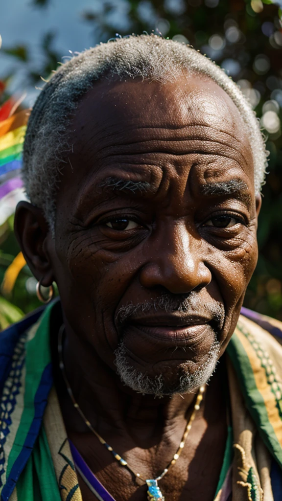 close up photo, close up photo an elderly, african sage under a full moon, his face highlighted with translucent rainbow hues, telling stories of the past and future, intertwining fate with diversity, close up photo