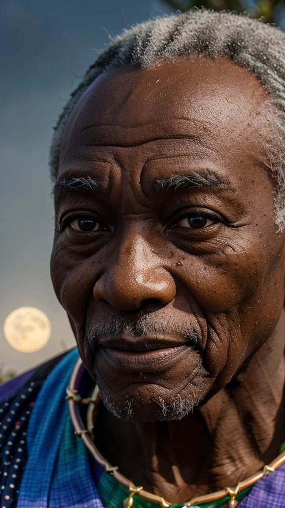 close up photo, close up photo an elderly, african sage under a full moon, his face highlighted with translucent rainbow hues, telling stories of the past and future, intertwining fate with diversity, close up photo