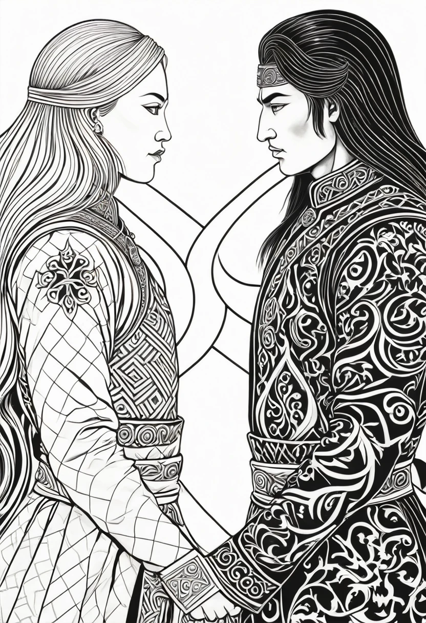 Close-up drawing of two people with their backs to each other, Yin and Yang, Good and Evil, White and Black, War and Peace, folklore illustration, Slavic folk tale, a fantasy Proto-Slavic mythology, Persian folklore illustration, Slavic folklore symbols, Maximilian Vanka, Slavic style, Slavic mythology, Gryte Pintukaite, Elina Karimova