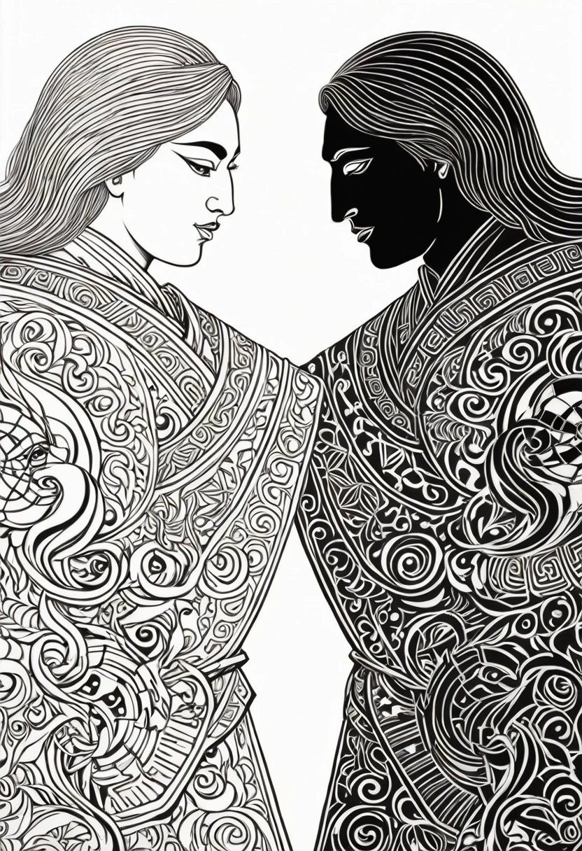 Close-up drawing of two people with their backs to each other, Yin and Yang, Good and Evil, White and Black, War and Peace, folklore illustration, Slavic folk tale, a fantasy Proto-Slavic mythology, Persian folklore illustration, Slavic folklore symbols, Maximilian Vanka, Slavic style, Slavic mythology, Gryte Pintukaite, Elina Karimova