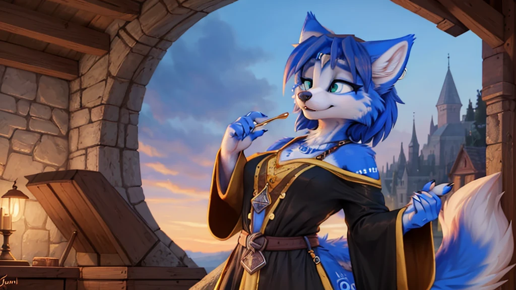 A beautiful and detailed (sweet picture) von ((Krystal)), Sternenfuchs Krystal, Schlank, liebenswert, green eyes, medium breasts, (((Lange blaue Haare 1.3))),  ((schwarze haarspitzen)), Dekollete, Grinsen, hoch schauen,, anthro, Pelzig, Hochgeladen E621, detailed flauschige fur, (von Fluff-Kevlar, Bayard Wu, Personalami, Pino Daeni), detailliertes Gesicht, (flauschige), 1 girl, Allein,  Stammes-Kleidung, sweet girl, solo, wears a mages robe

