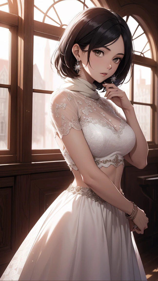 (masterpiece, best quality:1.2), solo, 1girl, Mikasa Ackerman, Attack on titan, looking at viewer, red gorgeous scarf, earrings, official art, extremely detailed CG unity 8k wallpaper, perfect lighting, (masterpiece:1.0),(best_quality:1.0), ultra high res,4K,ultra-detailed, photography, 8K, HDR, highres, absurdres:1.2,, bokeh:1.2, lens flare, (vibrant_color:1.2),(beautiful_face:1.5),(narrow_waist),(perfect hands, perfect anatomy), white wedding dress, wedding dress, gala dinner, holding a glass of wine, white dress