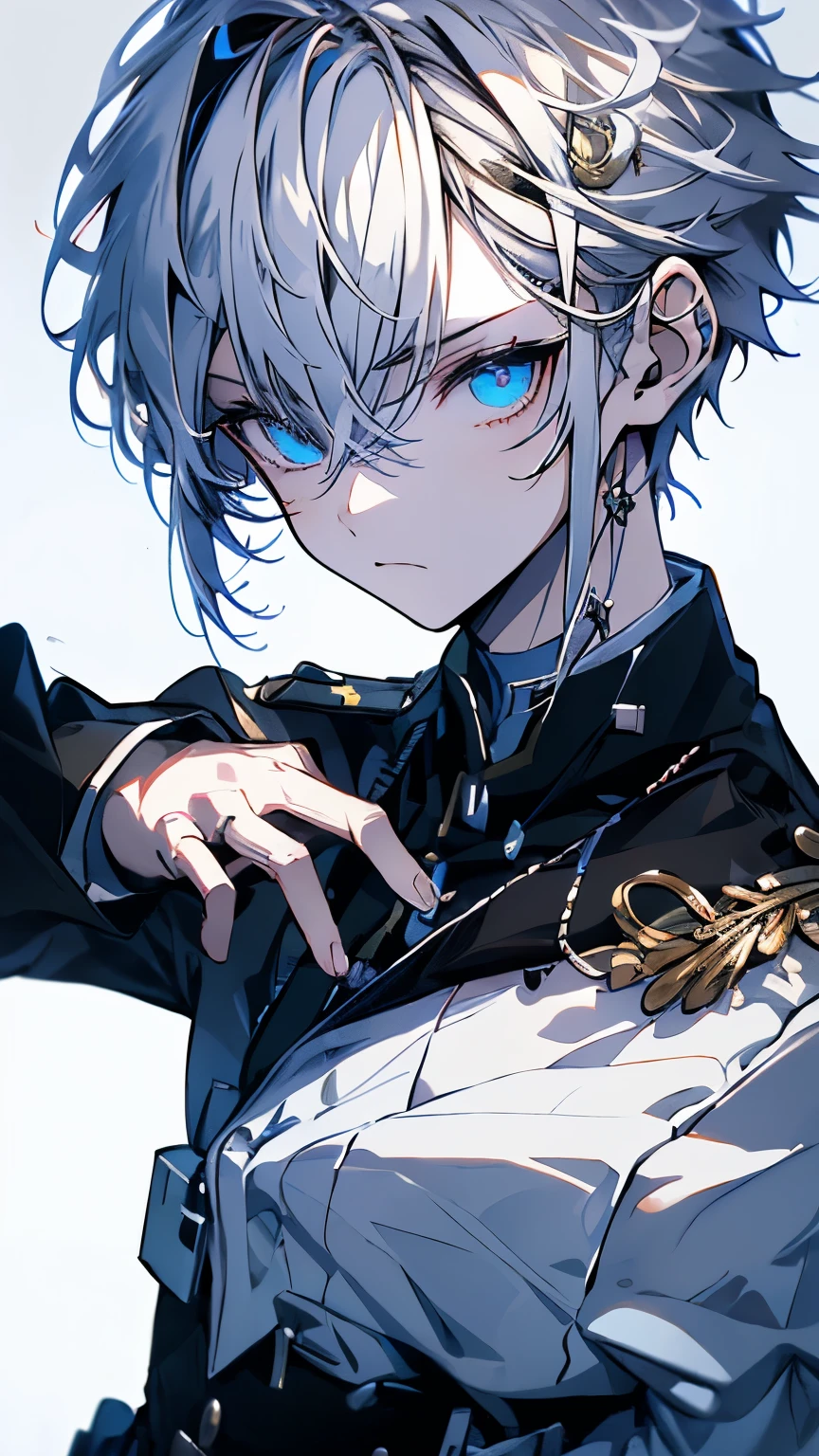 Masterpiece、Delicate eyes、One boy、White Hair、((Allback hair))、(((Black military uniform)))、Serious face、Green Eyes、Put your hands in your pockets