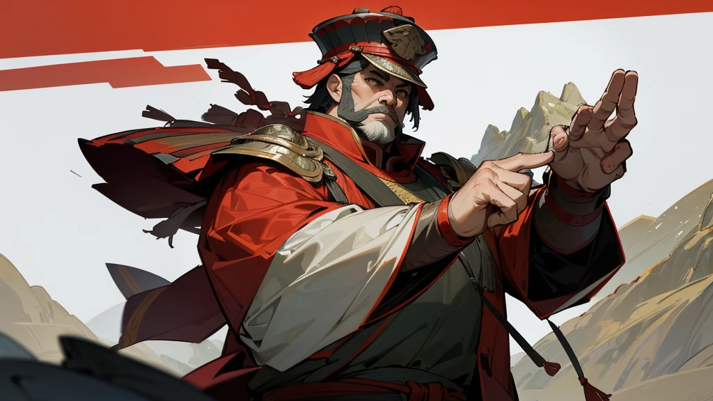 A huge middle-aged man wearing Chinese armor, revealing his upper body, commanded ((an ancient army with thousands of people)) to advance among the small mountains.