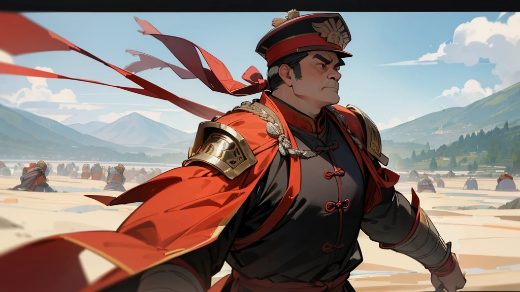 A huge middle-aged man wearing Chinese armor, revealing his upper body, commanded ((an ancient army with thousands of people)) to advance among the small mountains.