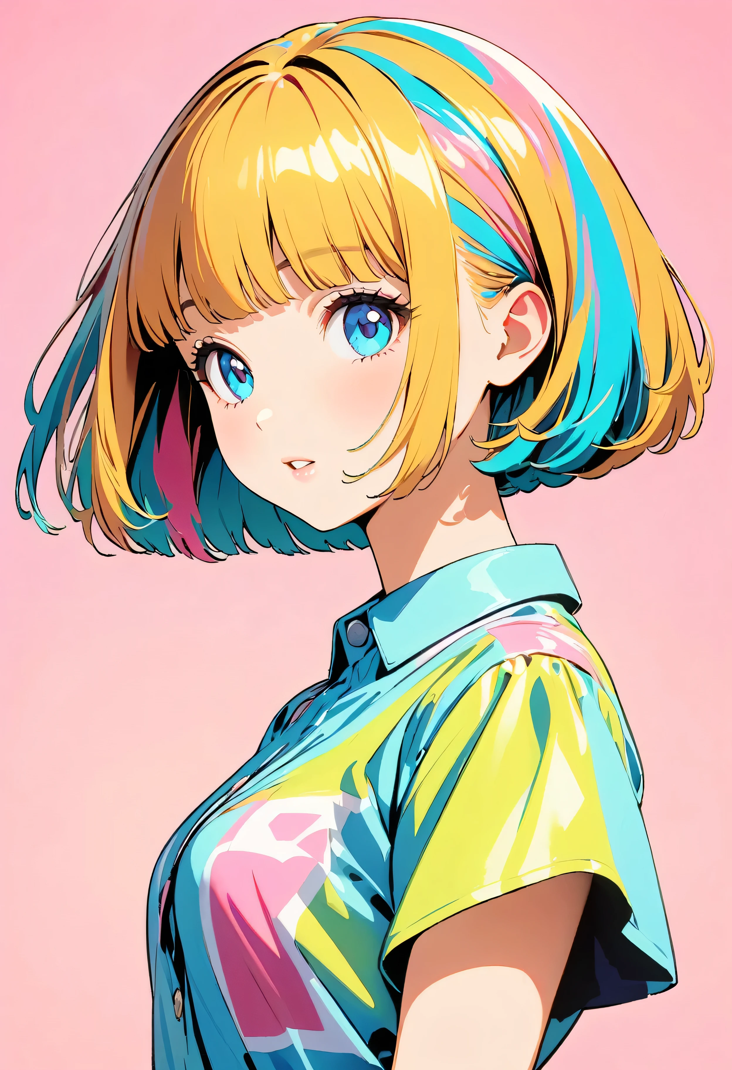 (Highest quality:1.2, City Pop Style, Very detailed, up to date, Vibrant, High Contrast, masterpiece:1.2, Highest quality, Best aesthetics), girl, ((Face Up Shot:1.4)), Colorful Hair, Bobcut, pastel colour, 1980s style, ((Retro, Vintage, Plain background))