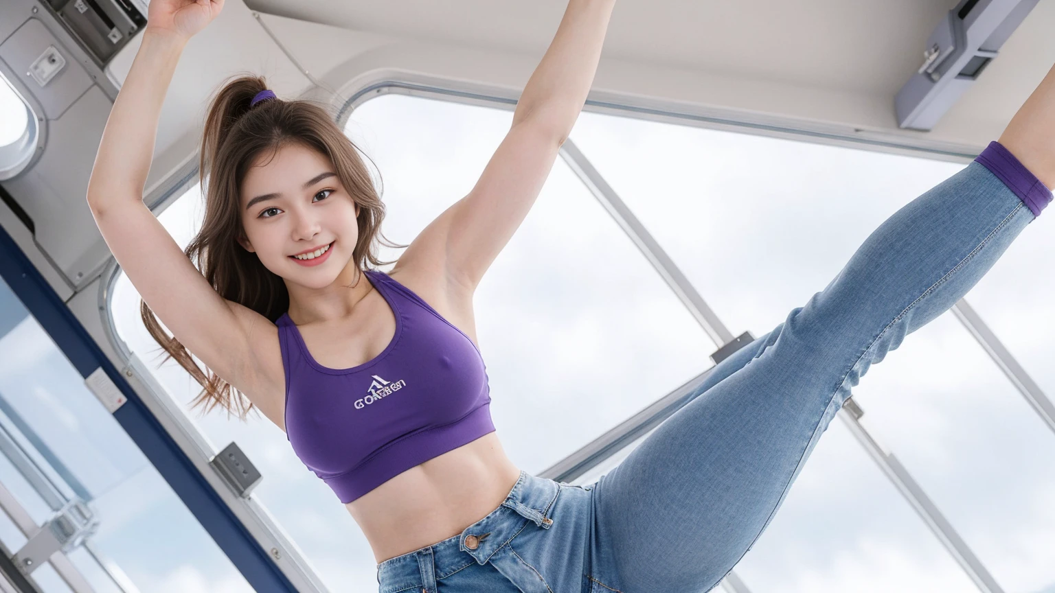 1 Girl, Beautiful, , 20 Years Old, White Skin, Bare Breasts, Sexy Pose, Gymnastic Outfit, , Muscles, Bokeh, In the Zero Gravity Experience, Masterpiece,Wearing a sports bra and Tight purple jeans,, Joyful facial expressions,Waving your arms in the air,with one's legs spread at 180 degrees,1girl