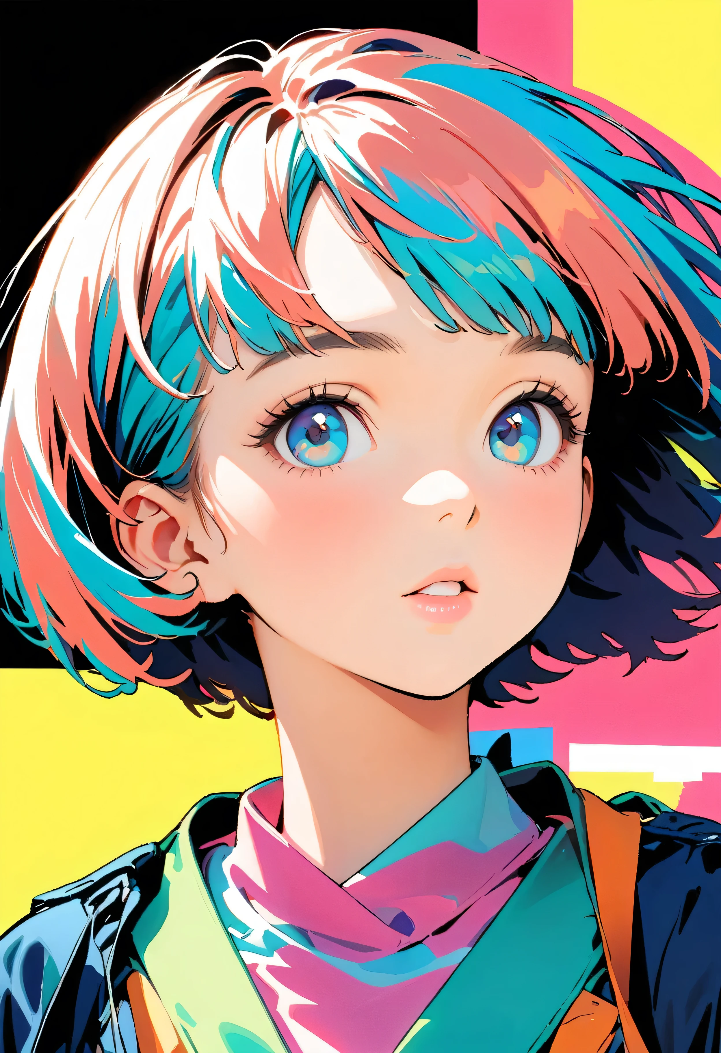 (Highest quality:1.2, City Pop Style, Very detailed, up to date, Vibrant, High Contrast, masterpiece:1.2, Highest quality, Best aesthetics), girl, ((Face Up Shot:1.4)), Colorful Hair, Bobcut, pastel colour, 1980s style, ((Retro, Vintage, Plain background))