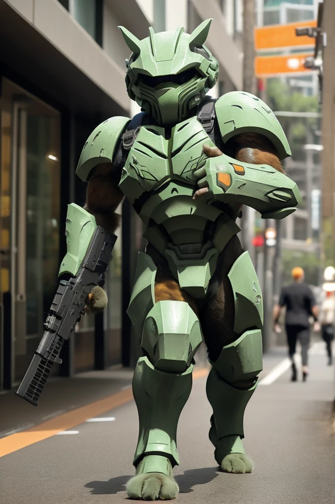 A 21 year old、Strong build、Wearing《Doom》Green Doom Marine armor、show oneself、Full breasts、Strong female orange cat holding a giant futuristic rifle,Walking on the street