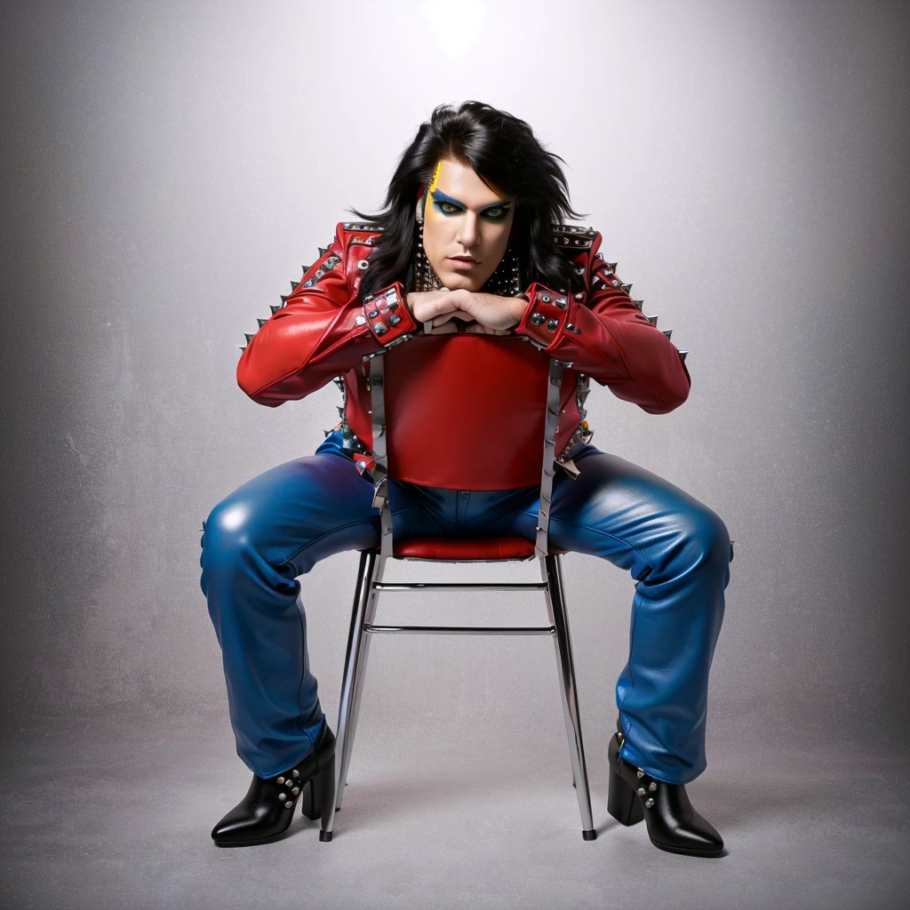 A male heavy metal glam rock singer in colorful leather clothing with rivets and rhinestones is sitting backwards on a chair before the camera.