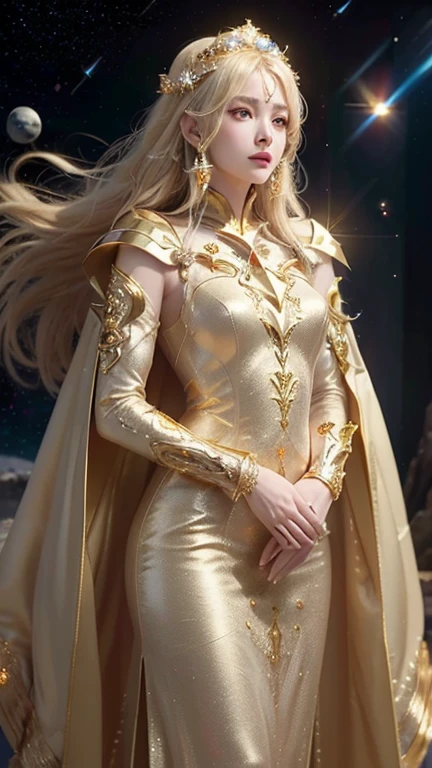 (masterpiece、Highest quality、High resolution、8k、16k)、((Alone in space、Beautiful Goddess、Standing posture))、(whole body)、Golden Cape、White long dress、No sleeve、Gold Bracelet、Blonde Hair、Beautiful brown eyes、Graceful operation、Professional Lighting、The universe is full of light、Countless stars and nebulae、