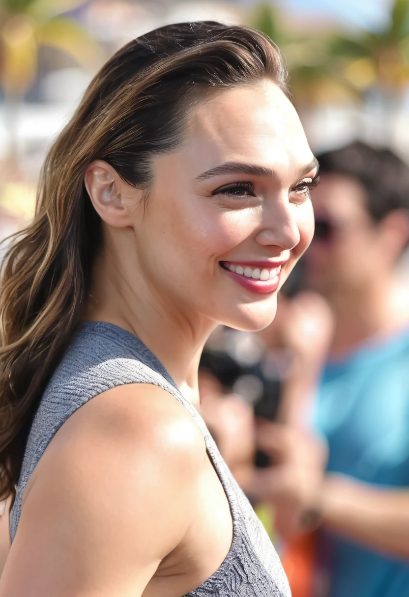 high quality random paparazzi photograph of GalGadot ( elixolsen , photorealistic , marvel ) on beach, smiling , big boobs, tight blouse , random erotic photograph , she is wearing a sweaty shirt, warm environment , bright sun , fit muscular woman ( depth of field, insanely detailed skin texture, hyper detailed features )