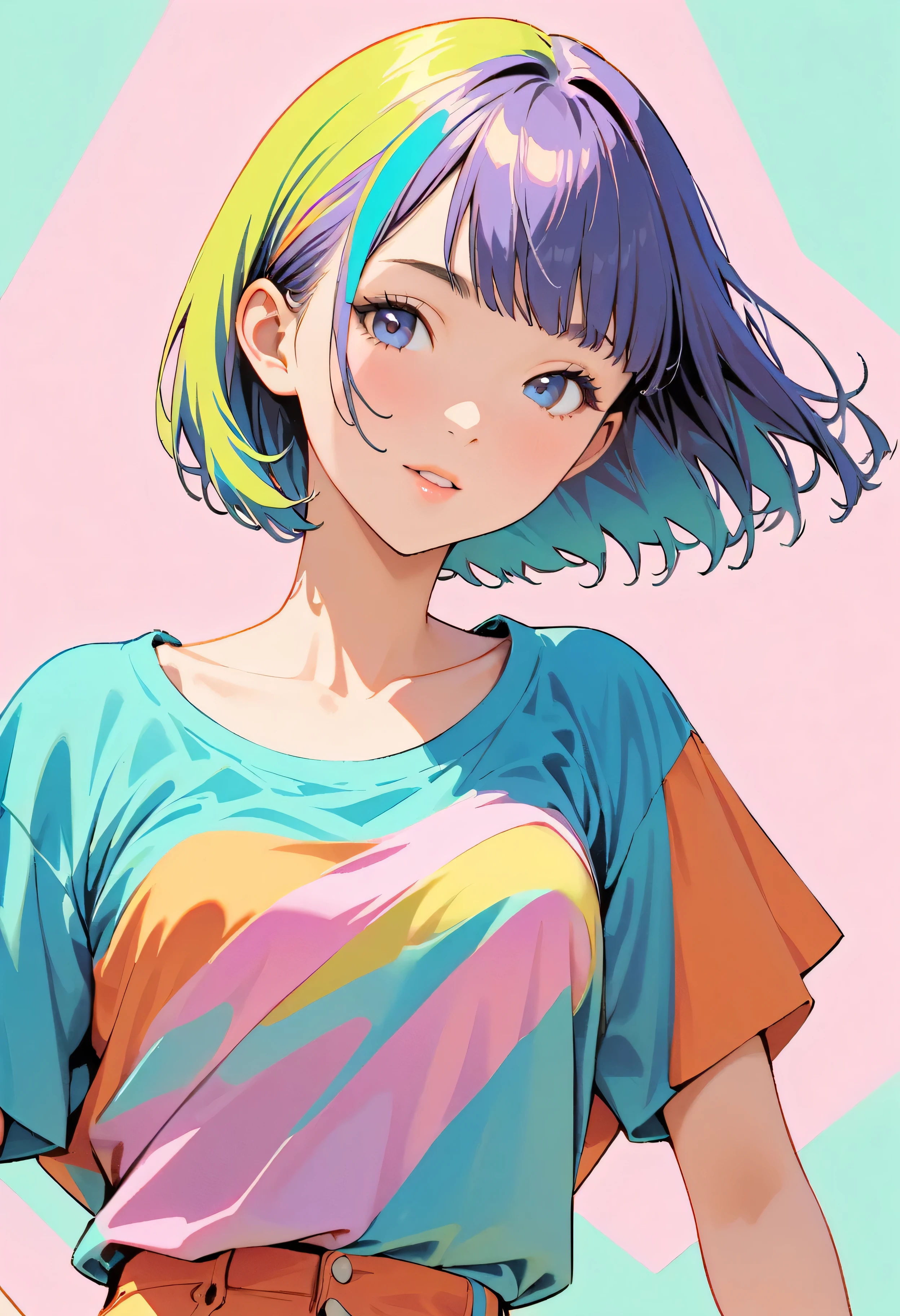 (Highest quality:1.2, City Pop Style, Very detailed, up to date, Vibrant, High Contrast, masterpiece:1.2, Highest quality, Best aesthetics), girl, ((Face Up Shot:1.4)), Colorful Hair, Bobcut, pastel colour, 1980s style, ((Retro, Vintage, Plain background))