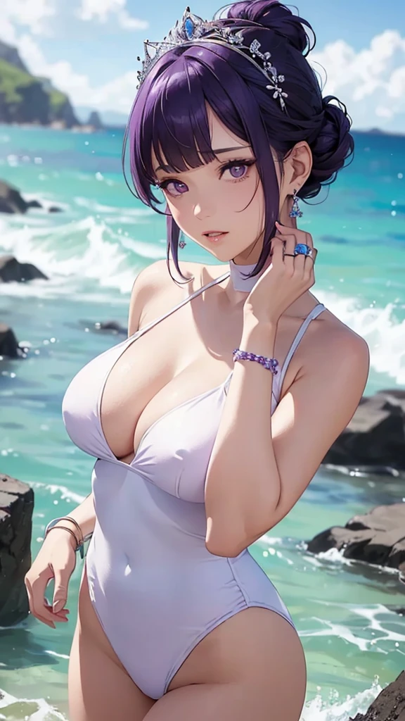 A woman wearing a white high-cut swimsuit, ((Purple updo))、Purple Eyes、Bangs、tiara, scenery, Sexy expression, ((Very detailed)), (Perfectly detailed face), (Detailed and well-drawn hand) 、Very large breasts、Photorealistic images.Upper Body、Earrings、bracelet、ring