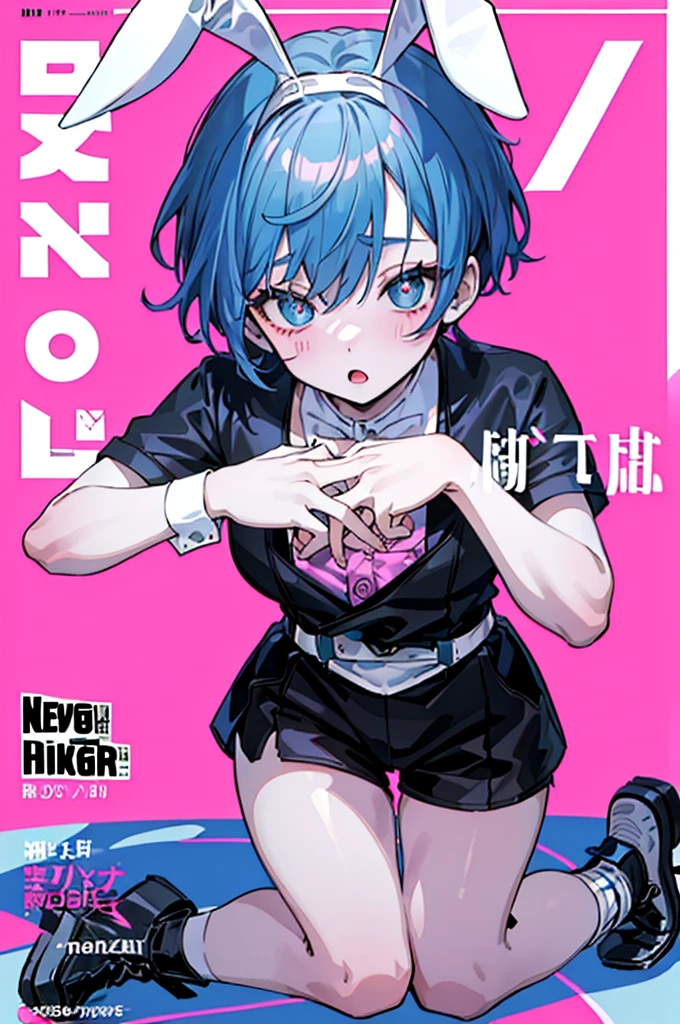 masterpiece, best quality, full body, (1boy), blue hair, rabbit ears, playboy bunny, (Boy Messy Japanese Round Haircut for Thick Hair), (blue hair), black shorts, ((solo)), (magazine:1.3), (cover-style:1.3), fashionable, (Pink Background), bright colors