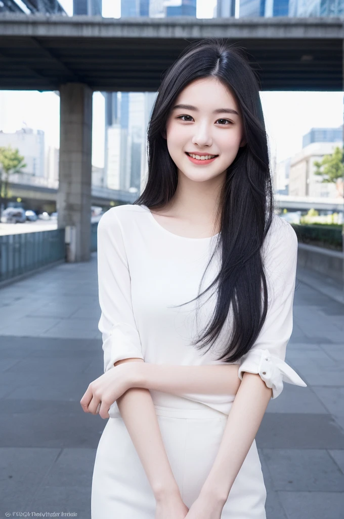 22-year-old girl, with gray eyes, pale white skin, slim figure, smiling, black hair, fashionable, photo taken with an ultra-realistic professional camera, she is in a great urban place