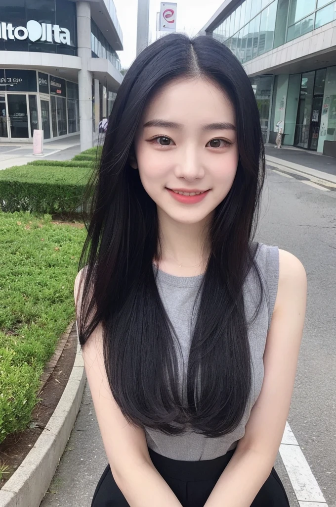 22-year-old girl, with gray eyes, pale white skin, slim figure, smiling, black hair, fashionable, photo taken with an ultra-realistic professional camera, she is in a great urban place