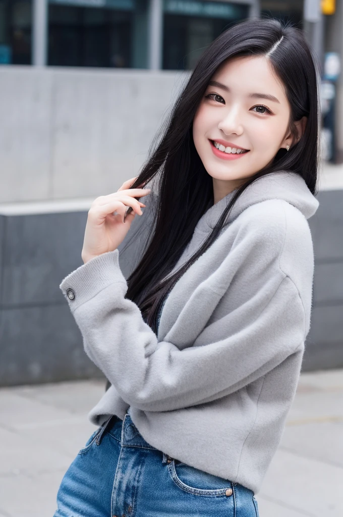 22-year-old girl, with gray eyes, pale white skin, slim figure, smiling, black hair, fashionable, photo taken with an ultra-realistic professional camera, she is in a great urban place