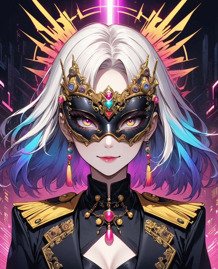 (Digital Illustration，Detailed anime style，Heavy Metal Cyberpunk，Pearl tassel eye mask，Girl wearing eye mask，Queen aura，out a hand，Solitary，symmetry)，(Big colorful eyes，Fashionable and exquisite facial features，Exquisite makeup，Smooth skin，Smile，Soulful gaze，)，(Hair Bunch)，(Black suit，Epaulettes-Chain，cool，)，(((Correct human anatomy)))，Radioactive geometric dynamic light wave background
