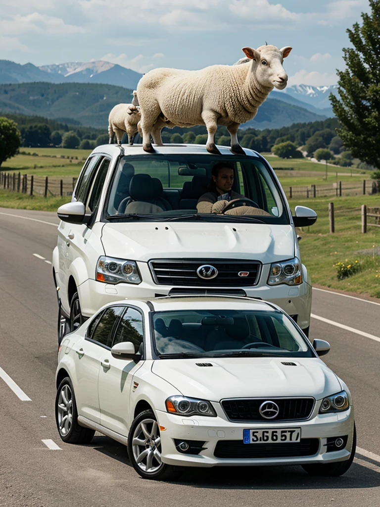sheep driving a car
