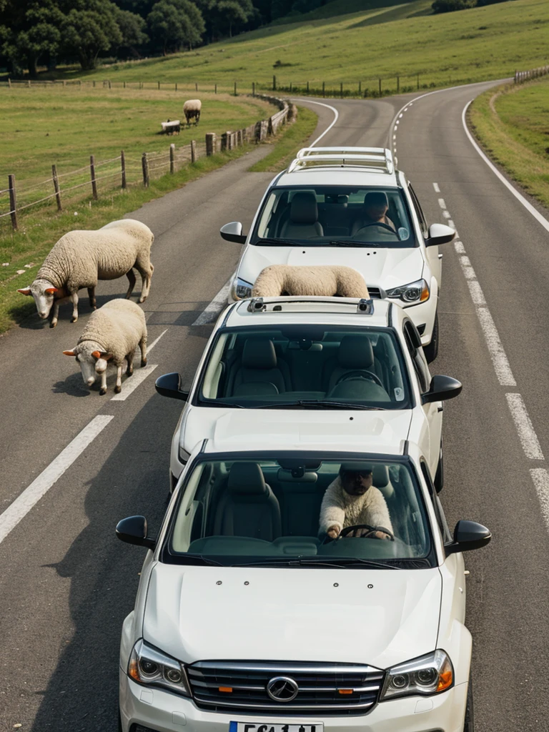 sheep driving a car
