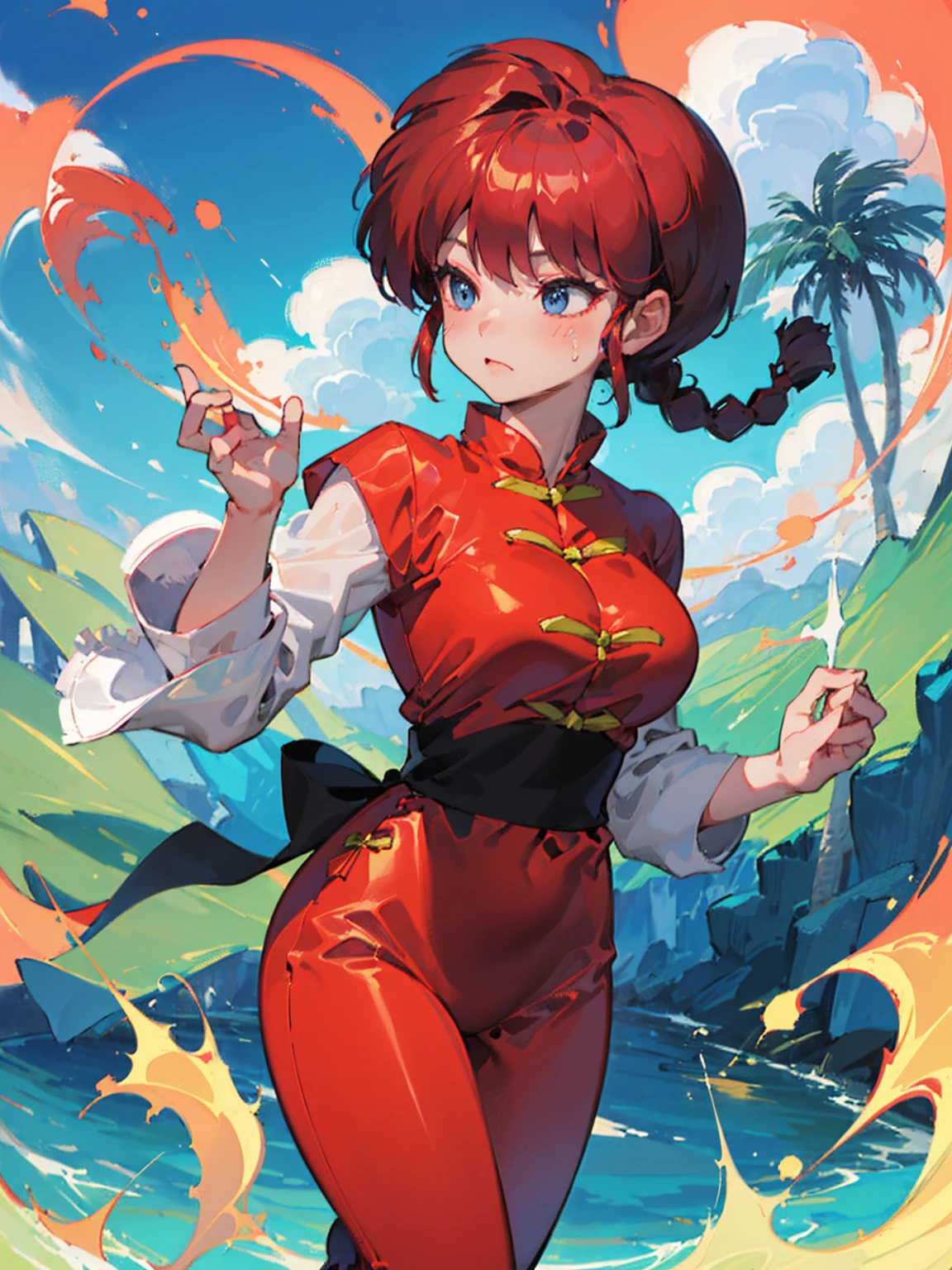 ((masterpiece:1.4)), expensive quality, very_expensive_solve, big_file size, Full Color, Thick outline, Clear contours, colorful, (Beautiful fine details, Are thin:1.4), ((Beautiful Face:1.0)), ((Boyish face:1.4)), 1 girl, (Ranma), (Redhead), short hair, (Braided Ponytail), ((bangs)), bumpy bangs, Blue-gray eyes, Big Breasts, Curvy, Ranma, Braided Ponytail, (Red Chinese Clothing), No sleeve, Tangzhuang, Black trousers, Are standing, ((, Are thin:1.4)), ((from the front:1.4)), Are thin:1.4